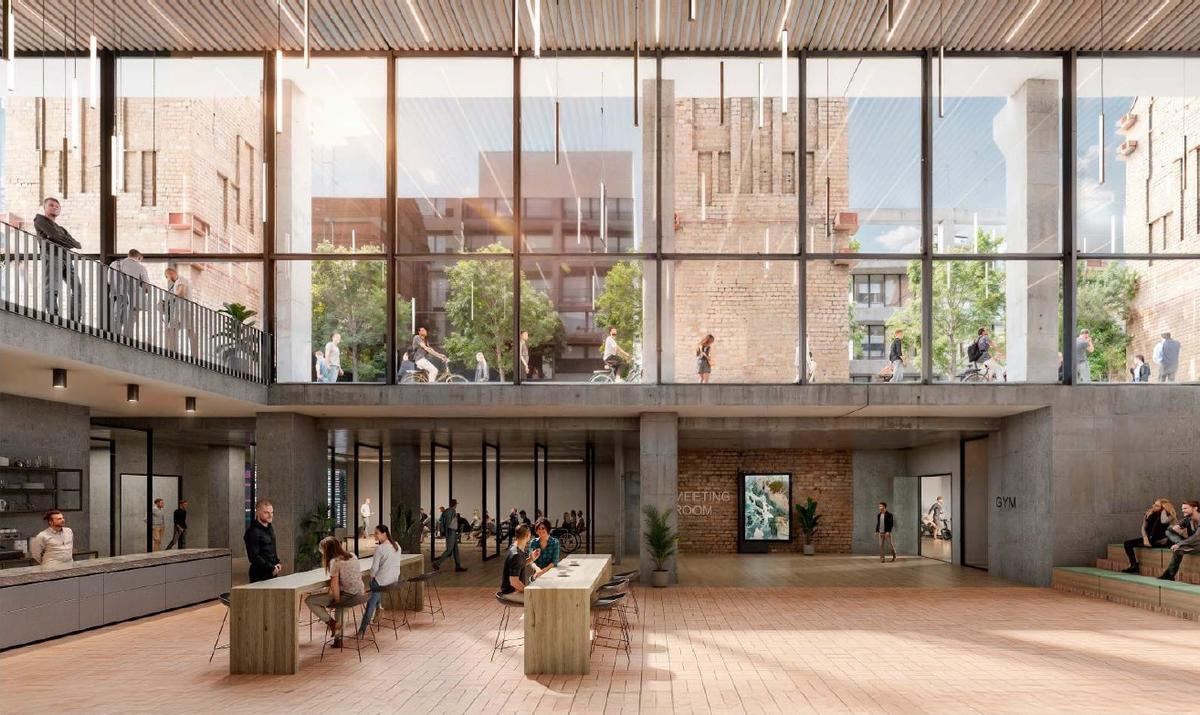 Recreación del interior del vestíbulo del futuro edificio de oficinas de las Tres Xemeneies, en Barcelona.