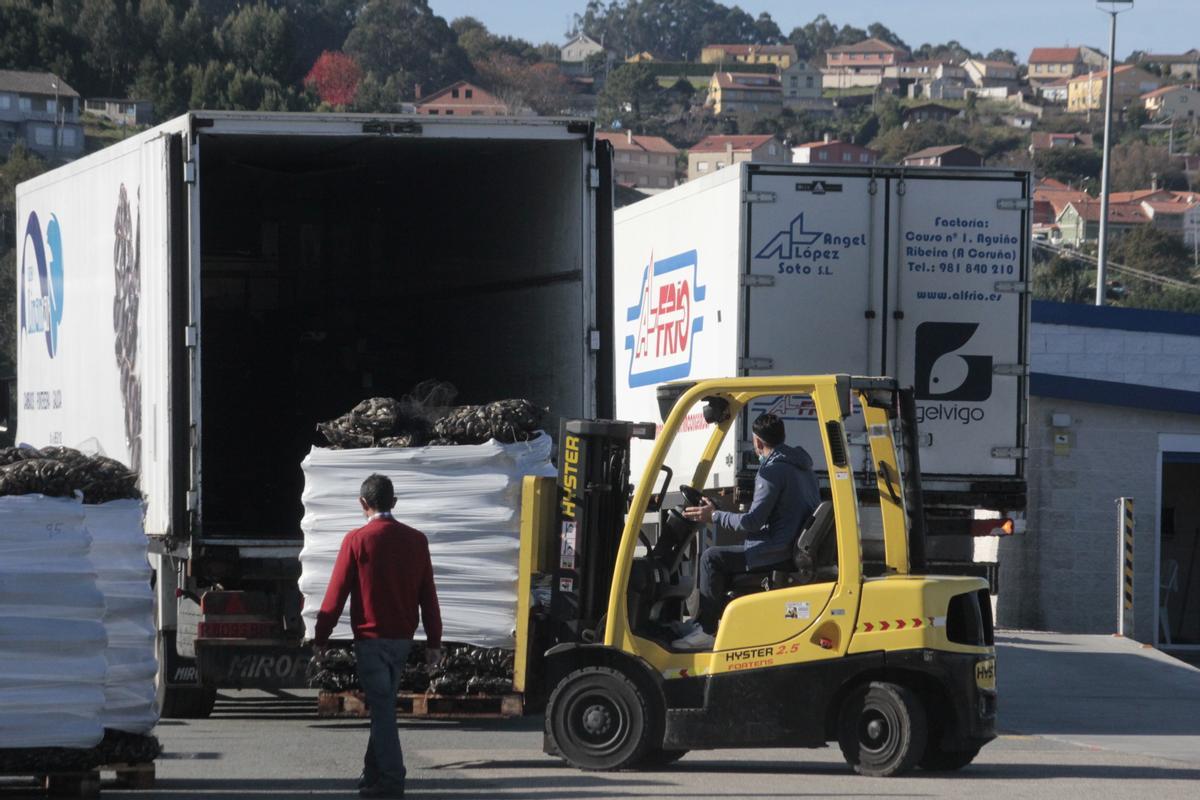 Una maniobra de carga, ayer en el puerto de Bueu.