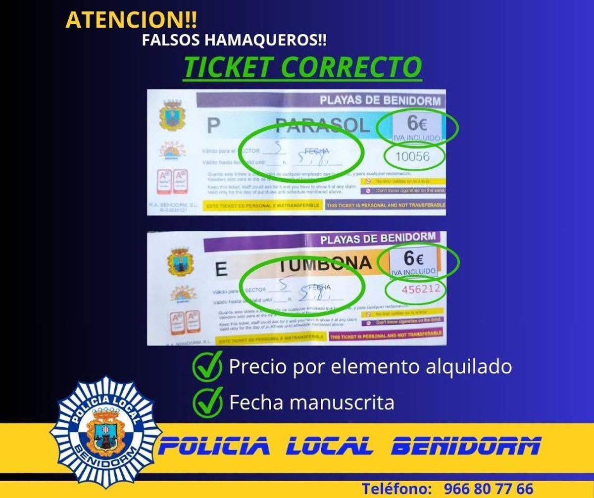 Ejemplo de ticket oficial para el alquiler de hamacas y sombrillas en las playas de Benidorm.