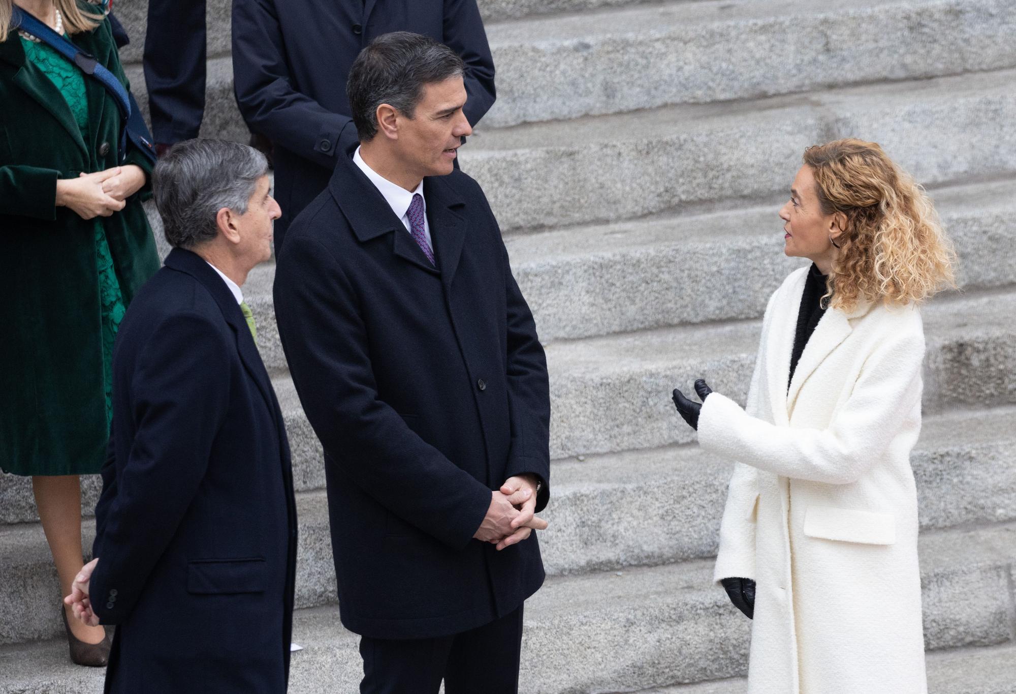 El presidente del Tribunal Constitucional, Pedro González-Trevijano; el presidente del Gobierno, Pedro Sánchez y la presidenta del Congreso, Meritxell Batet, durante el acto institucional por el Día de la Constitución, en el Congreso de los Diputados, a 6 de diciembre de 2022.