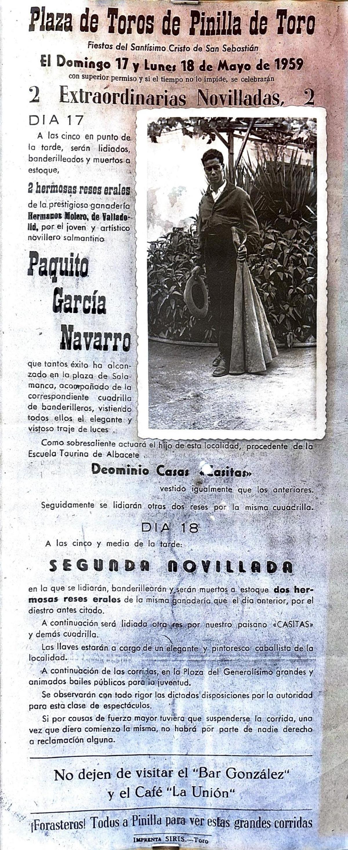 Cartel del festejo en el que Deominio Casas toreó en Pinilla de Toro.