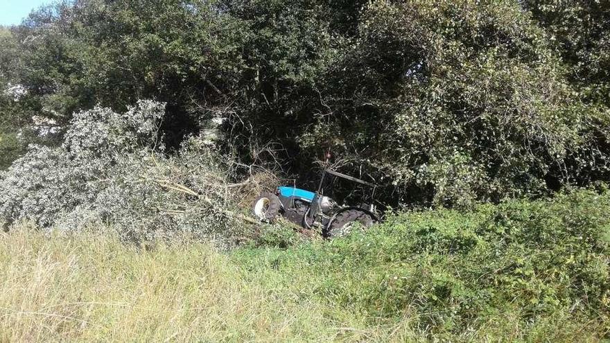 El tractor con el que desbrozaba el vecino de Bueu en Liméns cuando fue atacado por las avispas. // S.A.