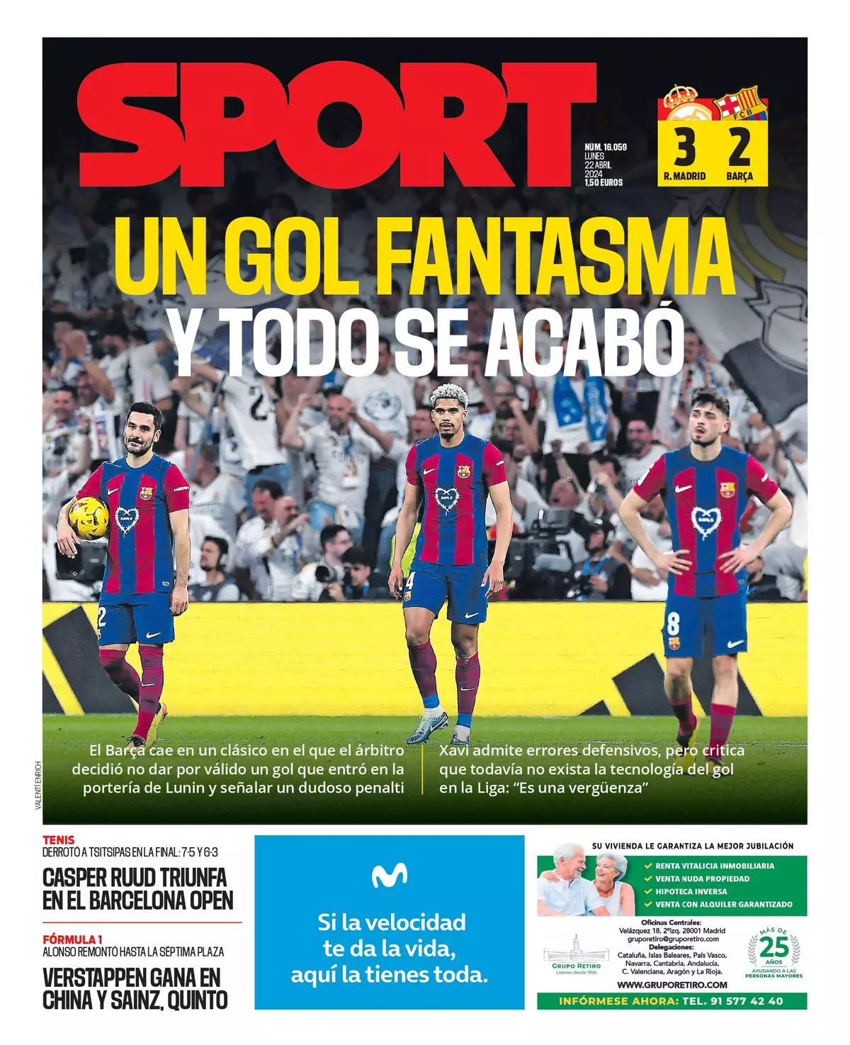 Esta es la portada SPORT de hoy, lunes 22 de abril