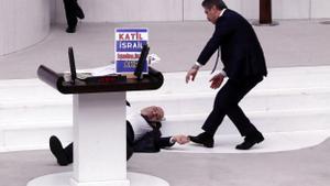 Turkeys Saadet lawmaker Hasan Bitmez collapses at the parliament in Ankara