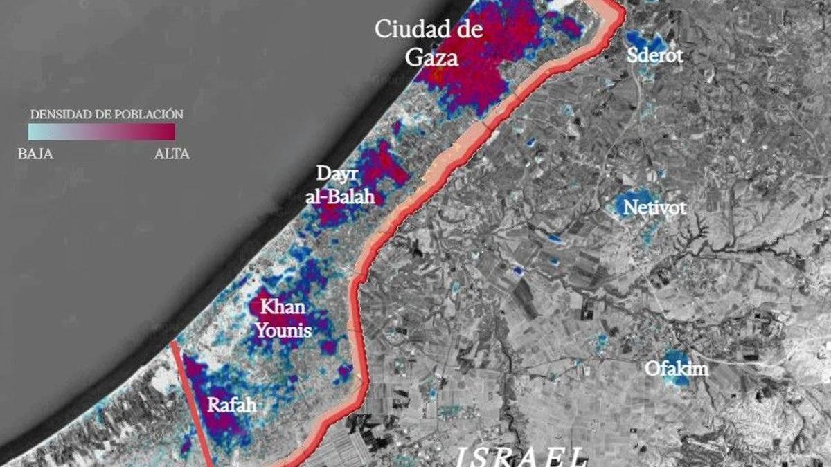 Densidad de población a lo largo de la Franja de Gaza.