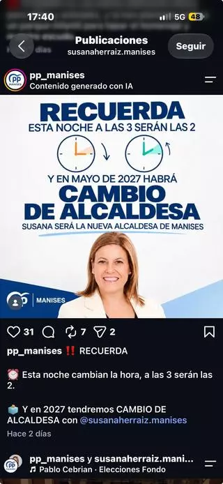 El PP de Manises 'plagia' a Pilar Bernabé con su publicación sobre el cambio de hora y de alcaldesa