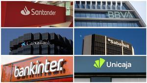 Archivo - Logos de Banco Santander, BBVA, CaixaBank, Banco Sabadell, Bankinter y Unicaja