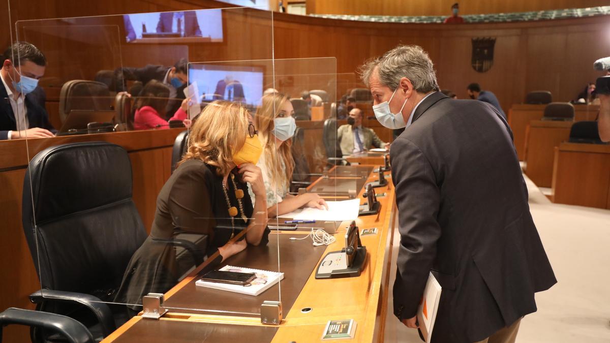 El portavoz de Cs, Daniel Pérez, charla con la consejera de Presidencia, Mayte Pérez, antes del inicio del pleno.