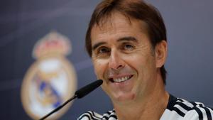 El entrenador del Real Madrid, Julen Lopetegui, en rueda de prensa este viernes.