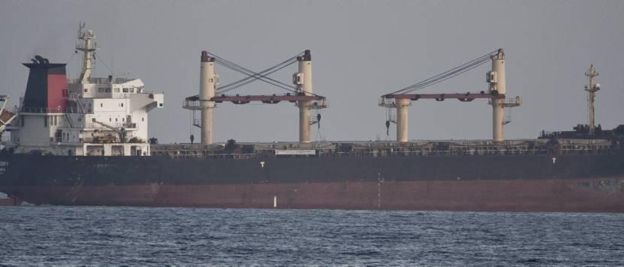 El mercante procedente de Nigeria, ayer tarde fondeado en la bahía de Alicante.