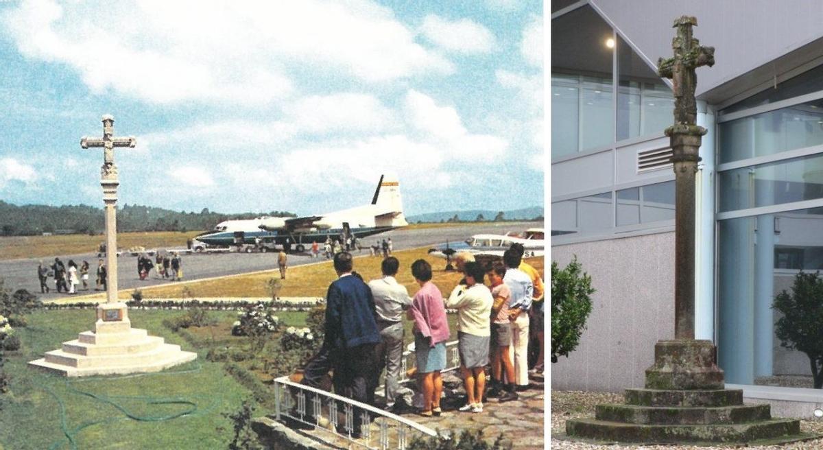 A la izquierda, el Cruceiro junto a uno de los miradores históricos del aeropuerto de Vigo; a la derecha, en su ubicación actual, entre la torre de control y la terminal.