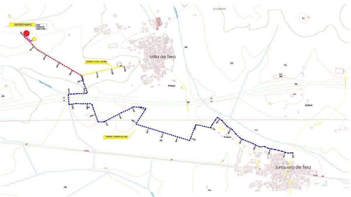 Mapa de ubicación del depósito y de la nueva red hacia La Milla de Tera y Junquera de Tera.