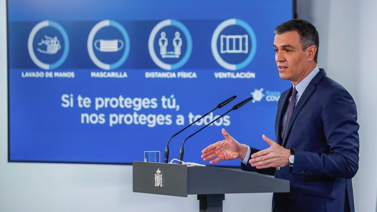 MADRID  13 04 2021 - El presidente del Gobierno  Pedro Sanchez  en rueda de prensa tras la reunion del Consejo de Ministros  este martes en el Palacio de la Moncloa  EFE  Emilio Naranjo