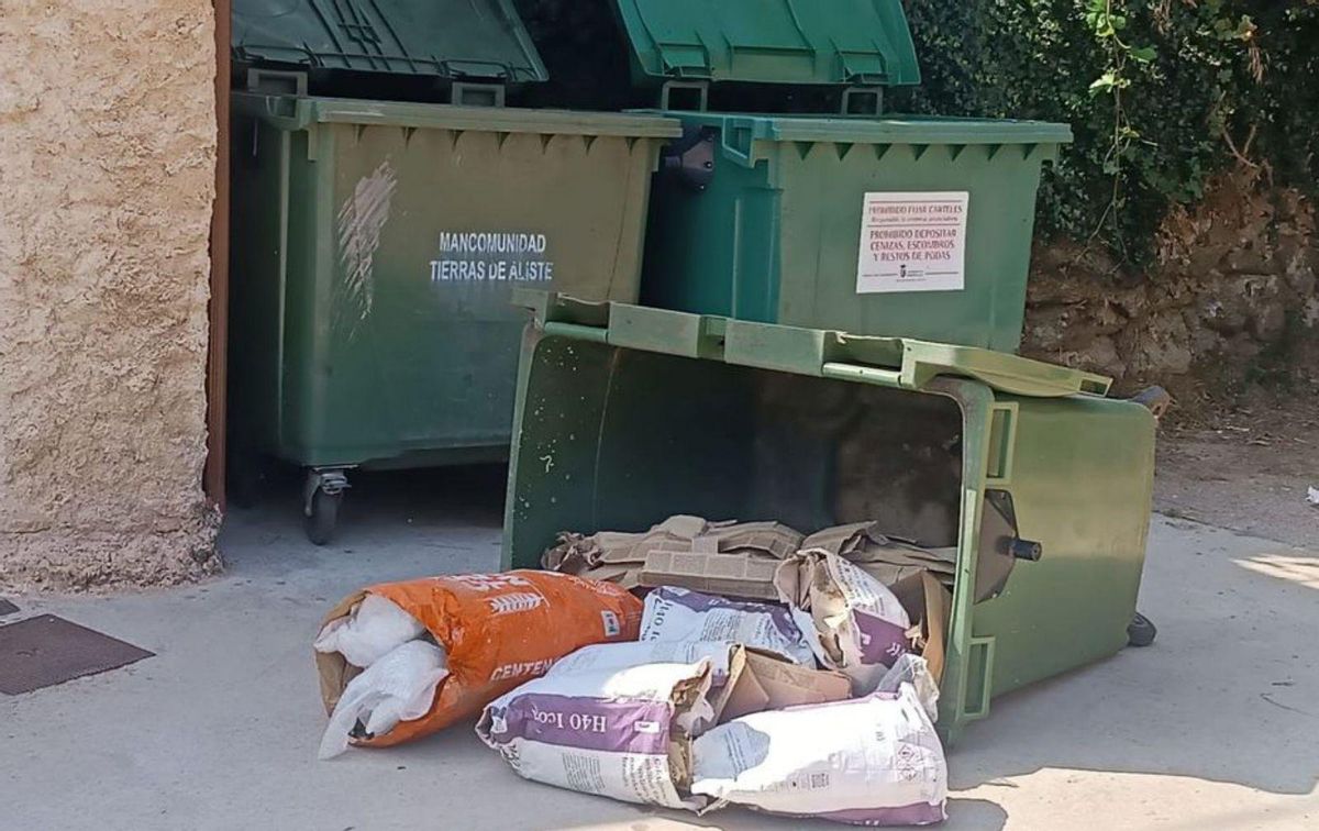 Restos de obras en sacos vertidos en un contenedor de Grisuela. | CH. S.
