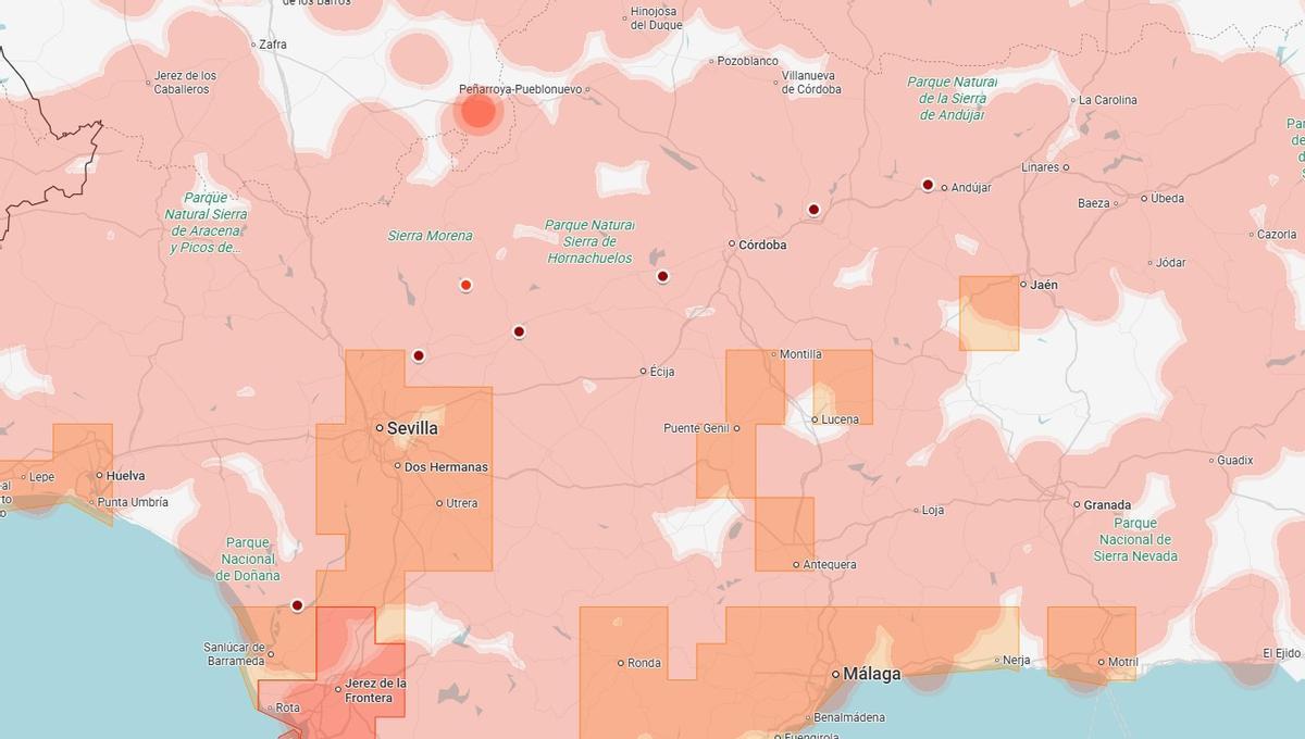 Mapa de Google con los avisos por posibles inundaciones, consultado en la tarde de este martes.
