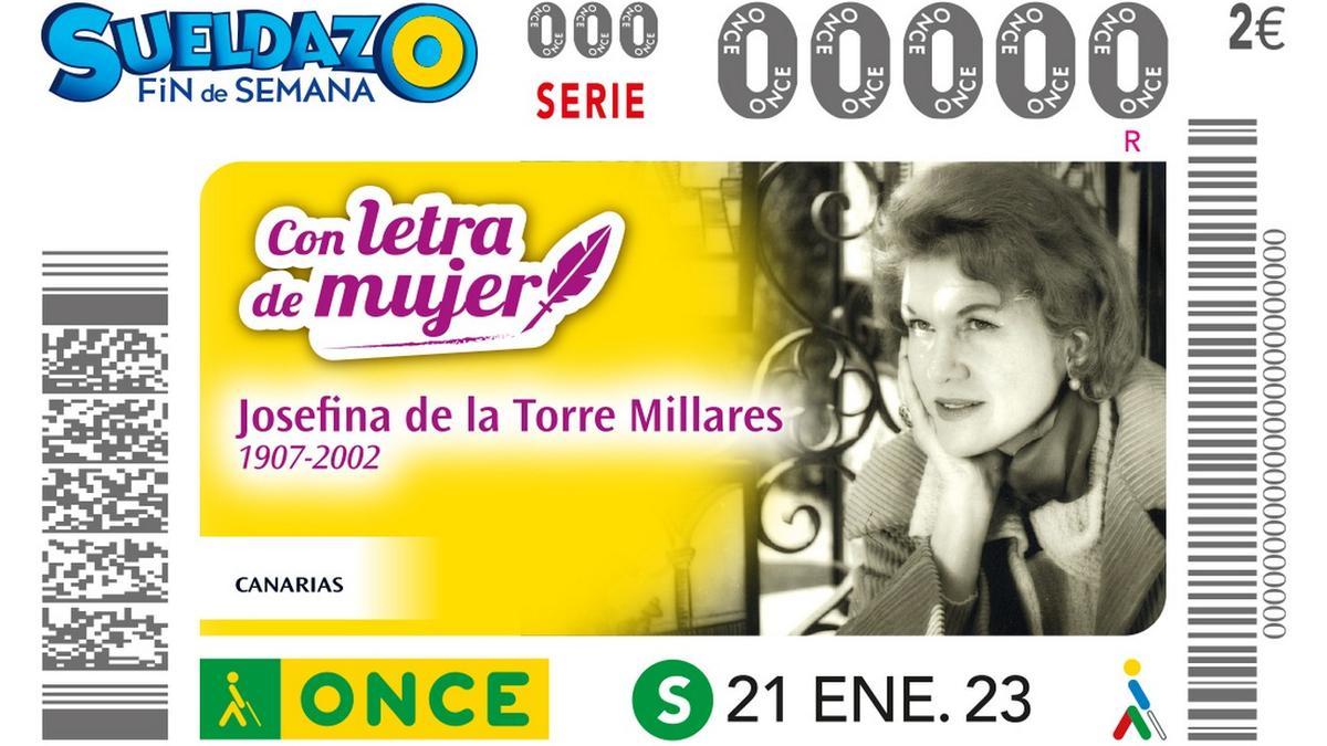 Imagen del cupón de la ONCE dedicado a la figura de la escritora canaria Josefina de la Torres Millares.