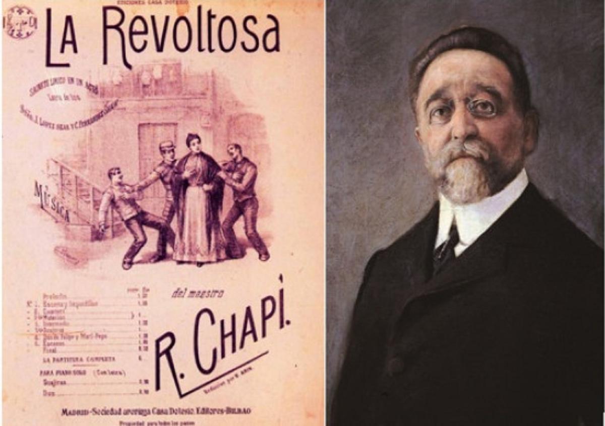 Ruperto Chapí y cartel de su obra más famosa, "La Revoltosa"