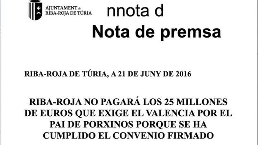 &quot;Riba-Roja no pagará 25 millones al Valencia&quot;