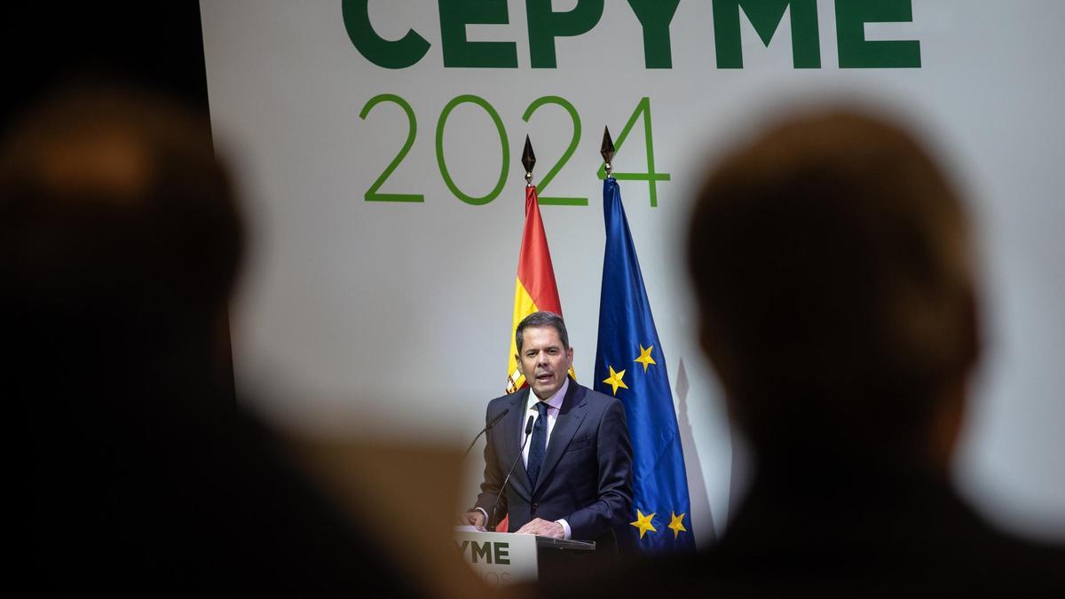 El presidente de Cepyme, Gerardo Cuerva, interviene durante la clausura del acto de entrega de los 'XI Premios Cepyme 2024', a 5 de marzo de 2025, en Madrid (España).