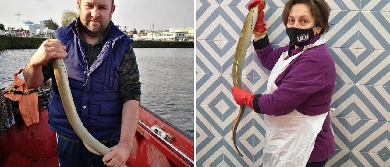 Gerardo Barreiro y su hermana con la extraña lamprea, justo después de ser pescada y antes de que se pusiera a la venta.