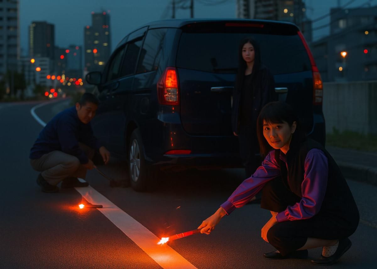 Recreación de un accidente señalizado con bengalas en Japón