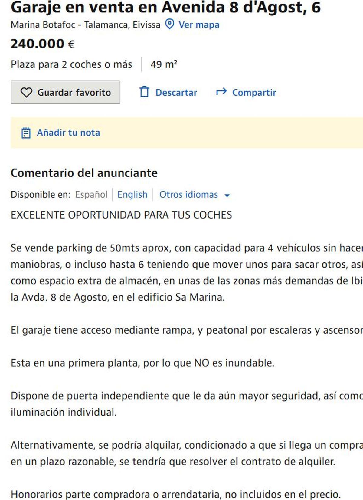 A la venta una plaza de garaje por 240.000 euros