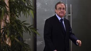 Florentino Pérez, en la seva compareixença a l’estadi Bernabéu.