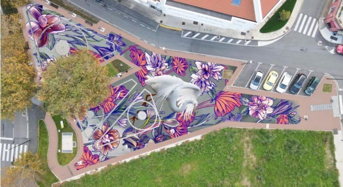 Dibujo con flores y una garza blanca que irá en el suelo de la plaza de A Rabadeira.   | // L.O.