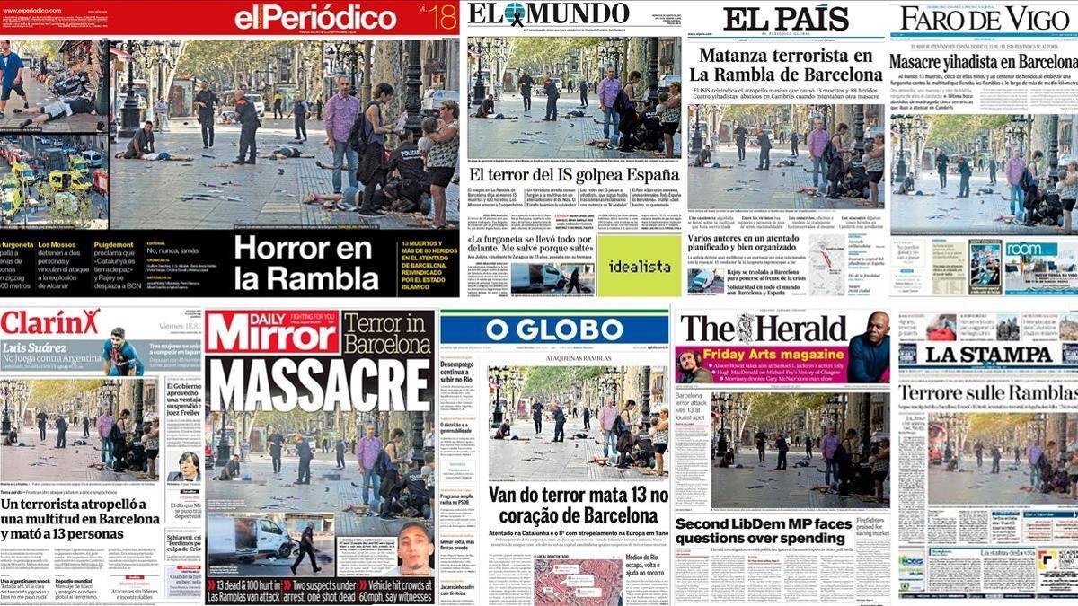 Portadas de diarios que reprodujeron la fotografía del atentado del 17 de agosto en Barcelona premiada con el Ortega y Gasset.