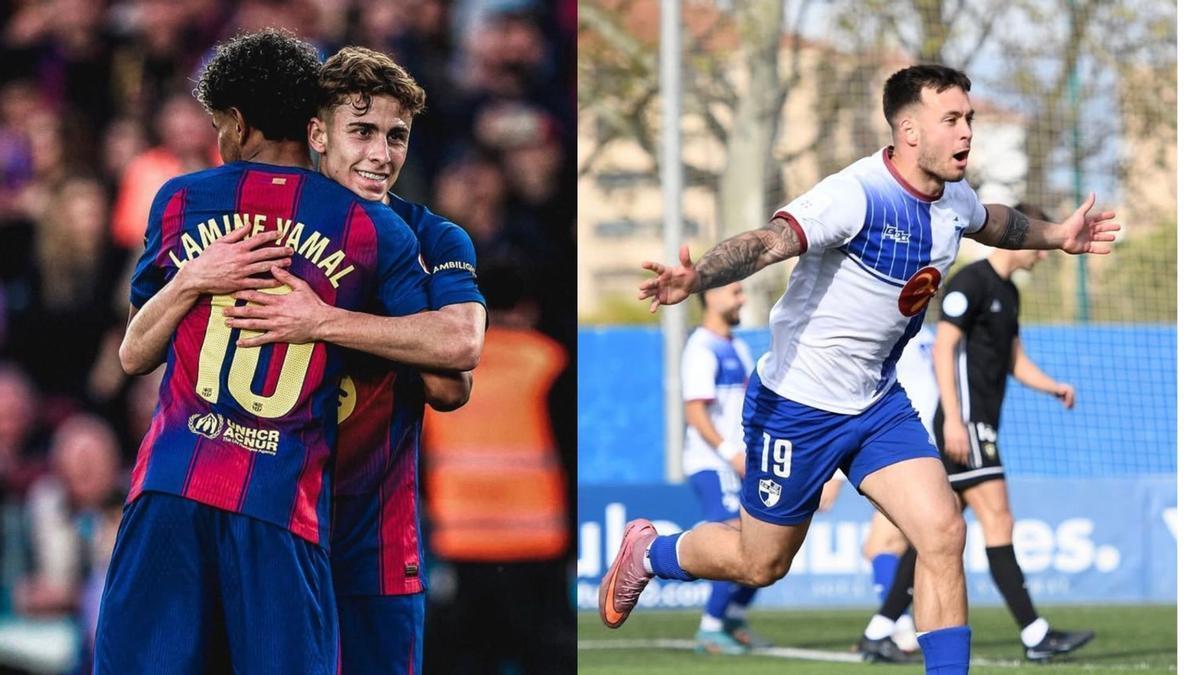 Fermín López y Lamine Yamal celebrando un gol (izquierda) junto a Soeiro, celebrando otro tando del Ebro (derecha)