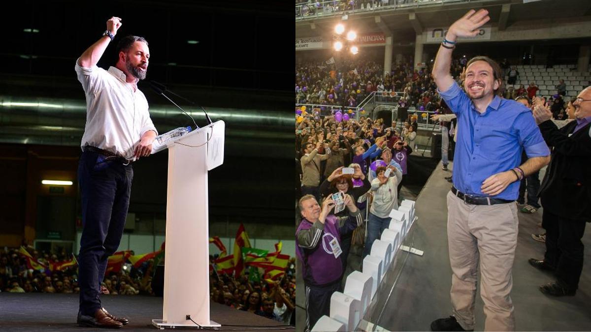 Santiago Abascal y Pablo Iglesias en sus últimos mítines celebrados en Alicante.