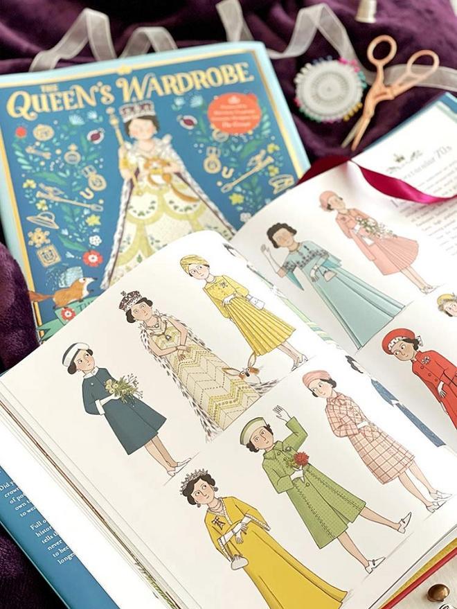 Ilustraciones sobre el colorido estilo de la reina Isabel II en el libro 'The Queen's wardrobe: the story of Queen Elizabeth II and her clothes'