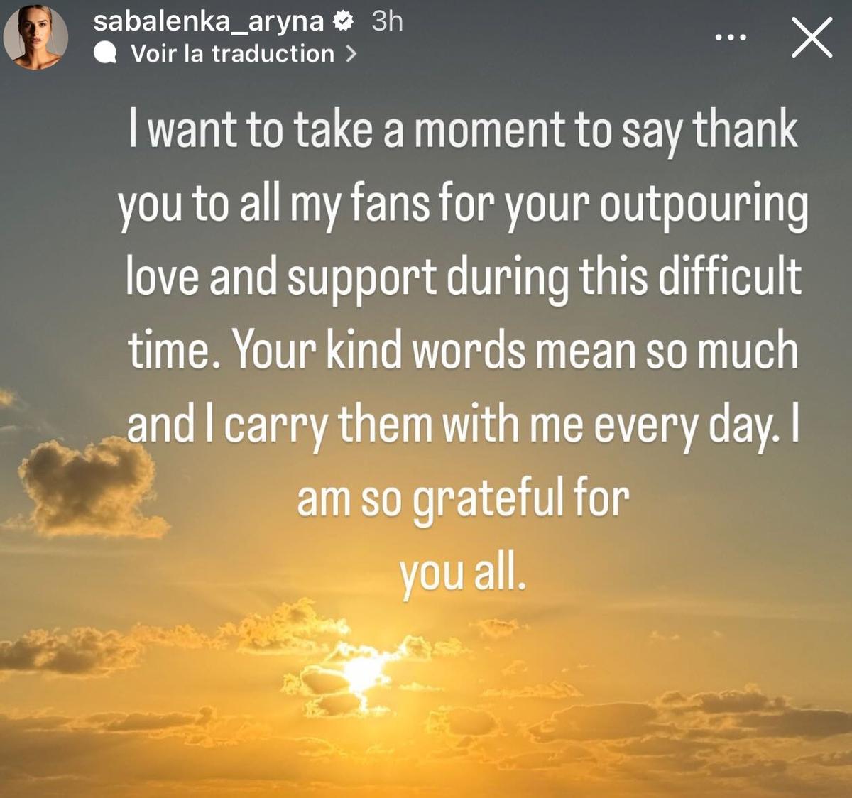 Sabalenka manda un mensaje a sus fans en Instagram