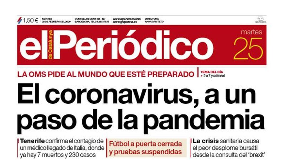 La portada de EL PERIÓDICO del 25 de febrero del 2020