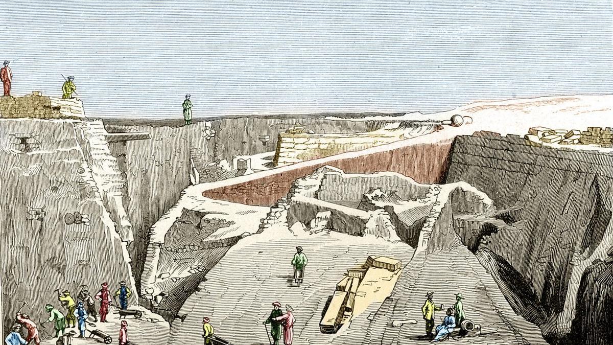 Las excavaciones de Troya dirigidas por Heinrich Schliemann, en una ilustración del siglo XIX de autor desconocido.
