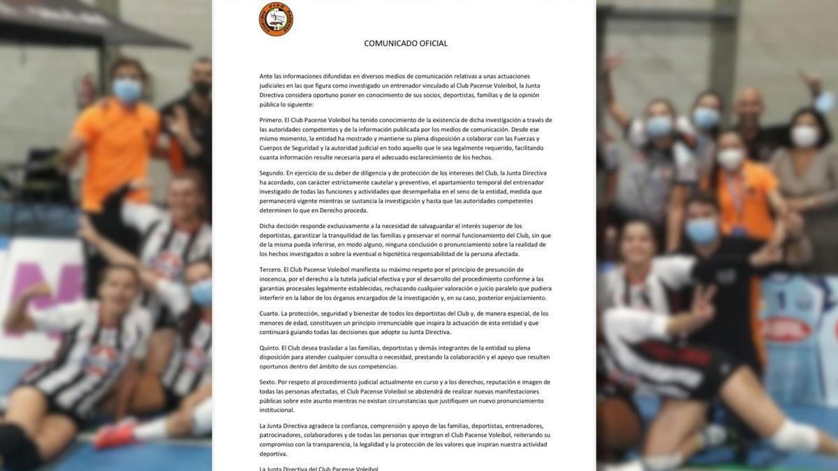 Comunicado emitido por el Club Pacense Voleibol tras la detención de uno de sus entrenadores por un presunto delito de agresión sexual en Badajoz.