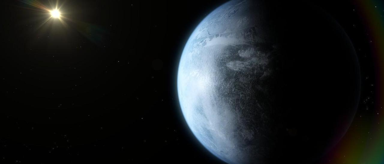 Representación artística de un planeta rocoso situado en la zona habitable de su estrella.