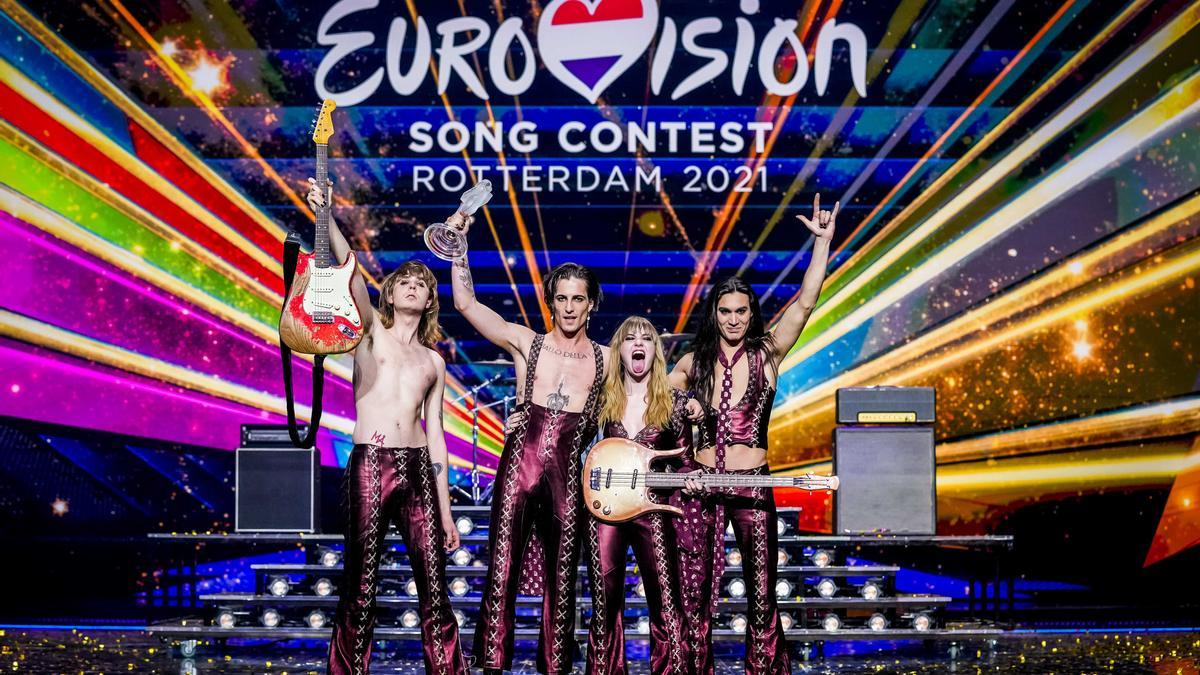 Membres del grup italià Maneskin, guanyadors del Festival d&#039;Eurovisió 2021