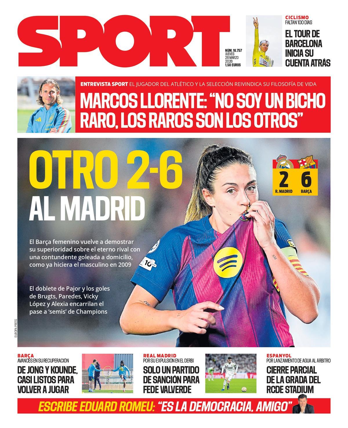 Esta es la portada de SPORT de hoy jueves, 26 de marzo de 2026