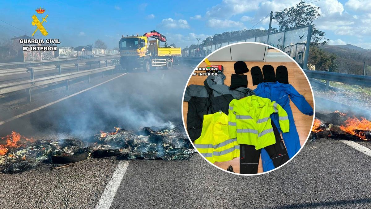 Restos humeantes de la barricada en la autovía a la altura de Querúas, el pasado día 29 de enero. En el círculo, la ropa hallada en el registro de los vehículos.