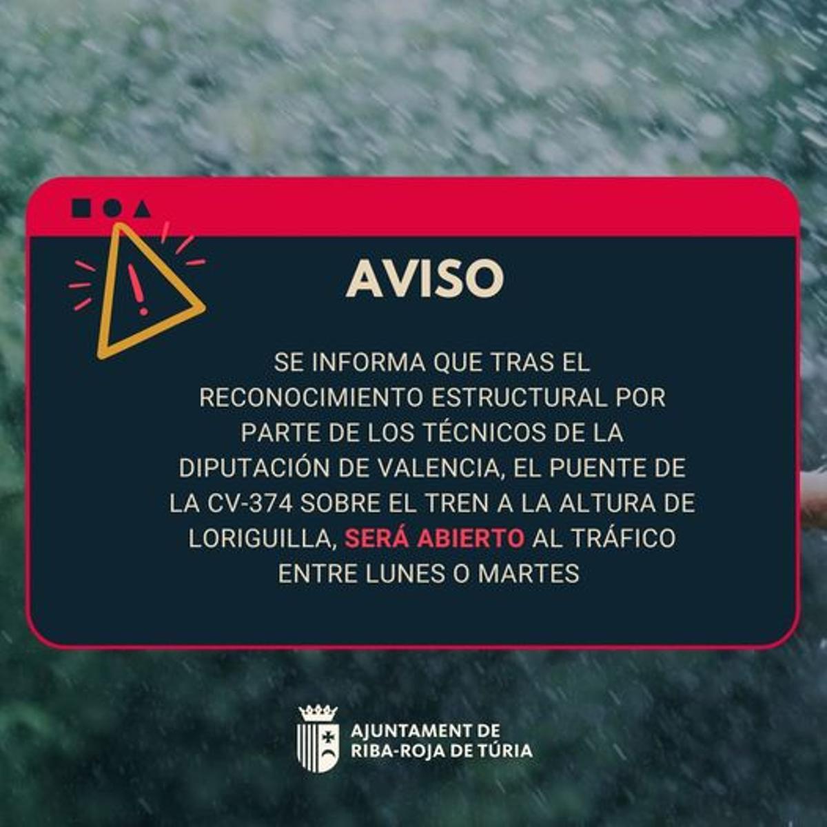 Aviso de la reapertura del puente de la CV-374