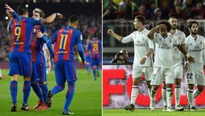 Los jugadores del FC Barcelona (izquierda) y del Real Madrid celebran uno de sus goles a lo largo del año 2016