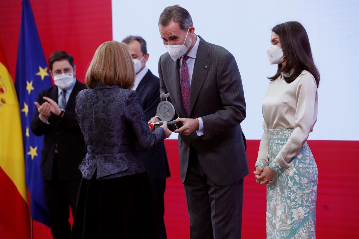 La reina Letizia, durante el acto de entrega de las acreditaciones de la IX edición de Embajadores honorarios de la Marca España, en marzo de 2021.