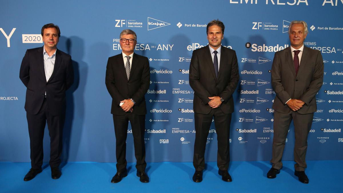 Premios Empresa del any 2020 en la Llotja de Mar Marc Gomez de Fundació La Caixa Gabriel Martinez del Banc Sabadell Jordi Romañac de El Corte Ingles y Fede Segarra de la Damm