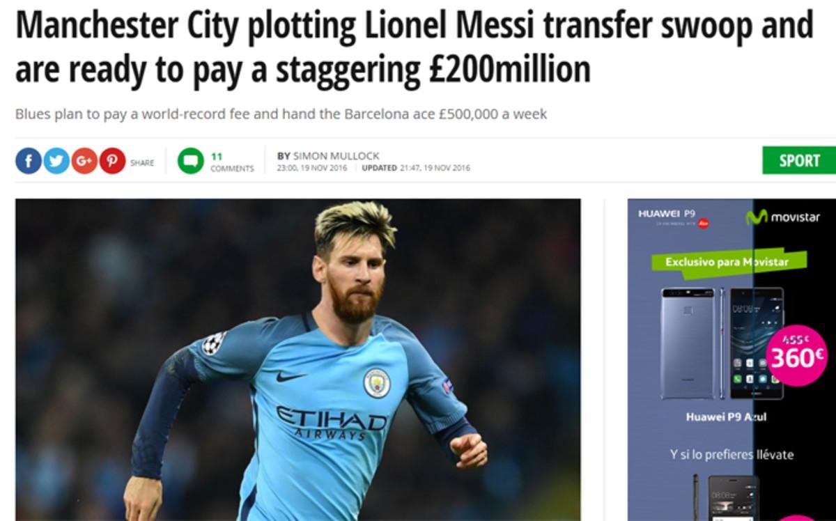El fotomontaje de Leo Messi vestido de jugador del Manchester City acompañando la información de The Mirror El fotomontaje de Leo Messi vestido de jugador del Manchester City acompañando la información de The Mirror