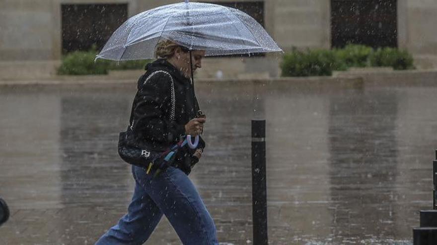 Una dona passeja pel carrer enmig d'un episodi de pluja intensa