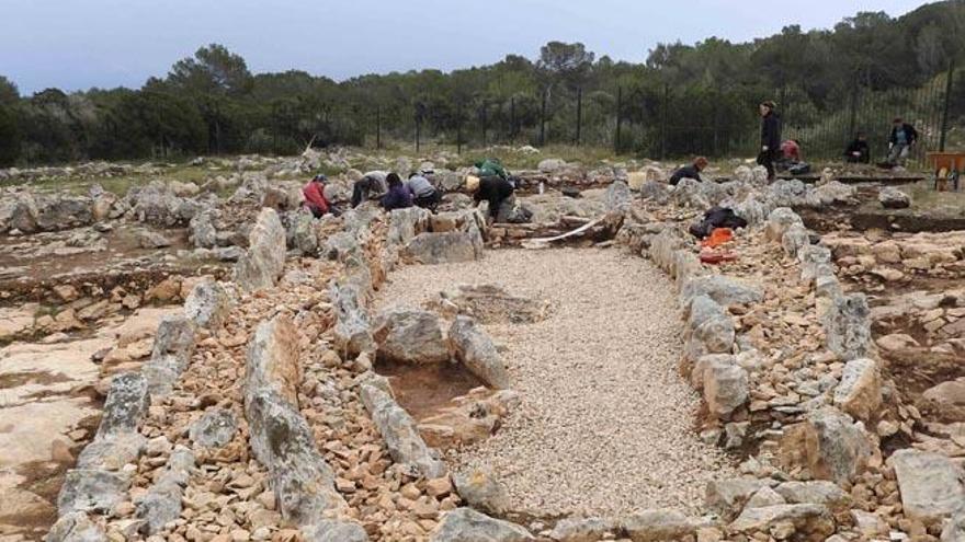 Vista general del poblado prehistórico de es Cap de Barbaria II con una parte restaurada, en primer término, y el equipo excavando al fondo.