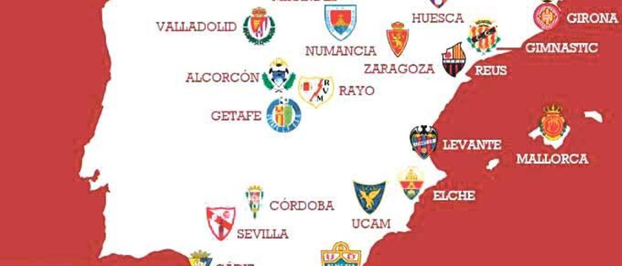 Mapa de LaLiga2 de la temporada 2016/2017. Tres equipos madrileños, cuatro andaluces y dos de tarragona, en la segunda división