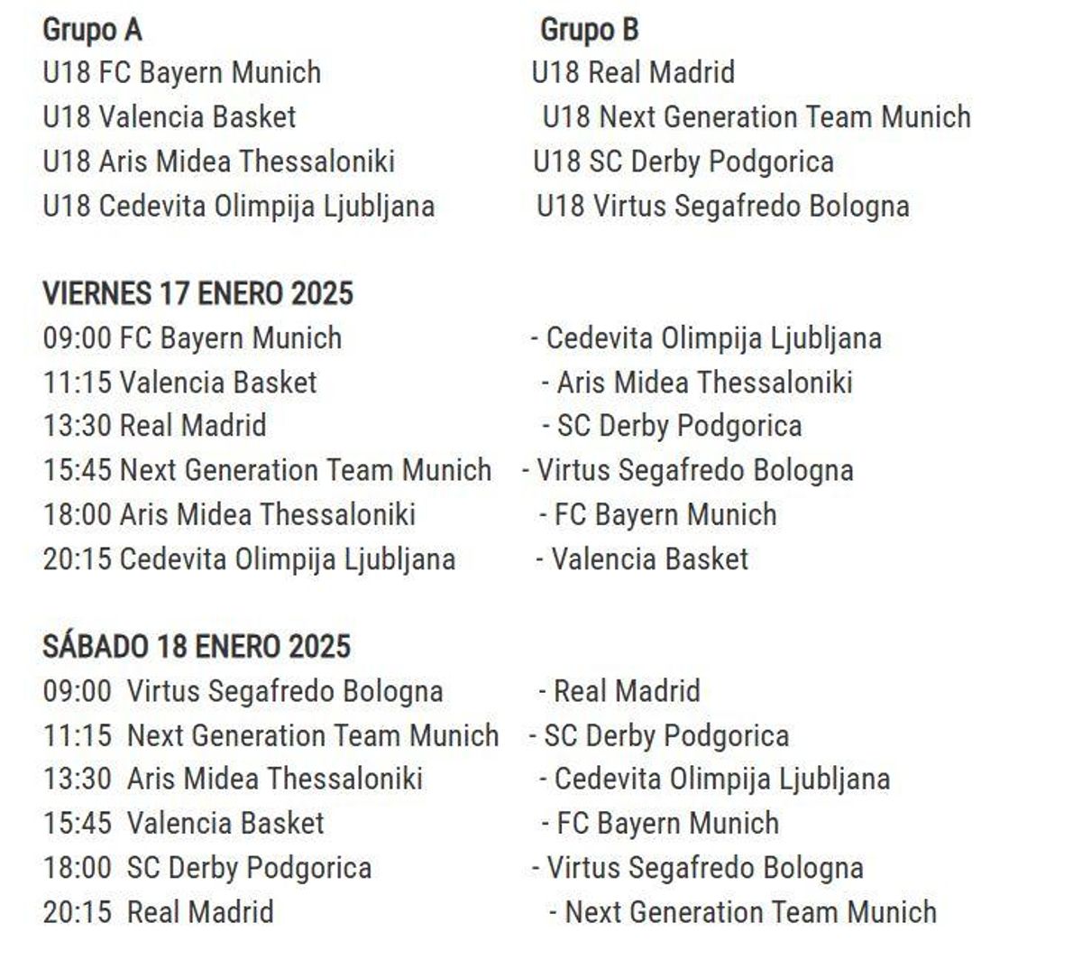 Calendario de partidos.