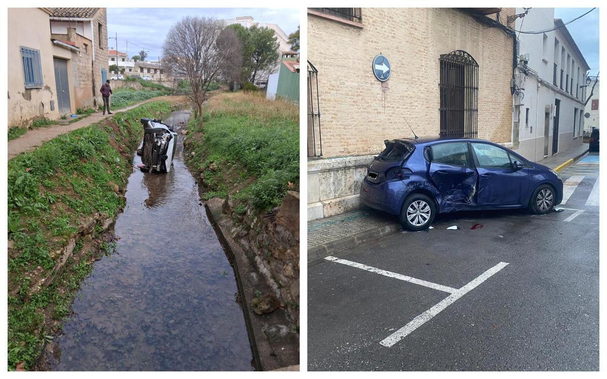 A la izquierda, un hombre observa el coche despeñado en el río Sants. A la derecha, el utilitario que estaba aparcado en Canals.